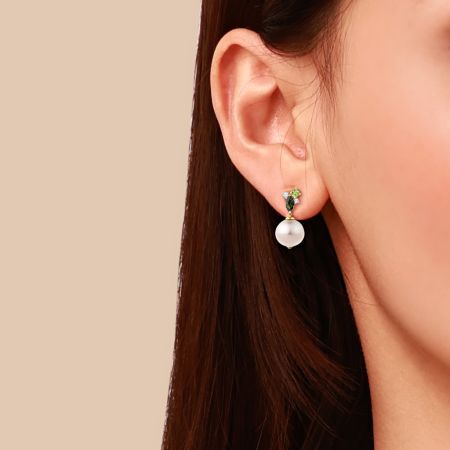 Green Emerald Round Pearl Drop Earrings