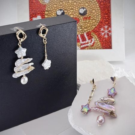 Christmas Tree With Star Freshwater Pearl Drop Earrings