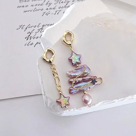 Christmas Tree With Star Freshwater Pearl Drop Earrings