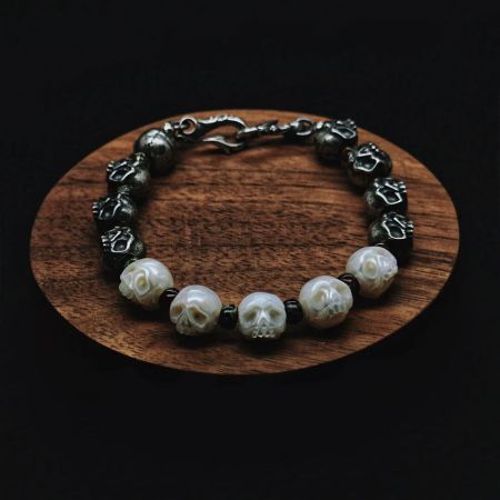 Carved Skull Pearl Strand Bracelet