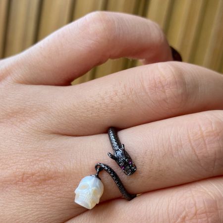 Dragon With Hand Carved Skull Ring