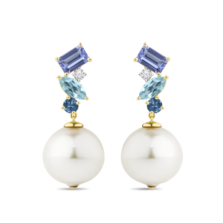 Blue Sapphire Round Pearl Drop Earrings