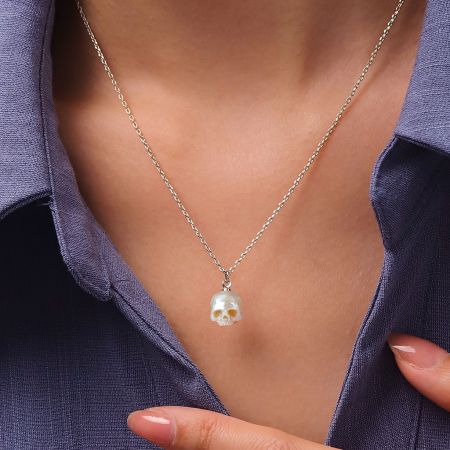 Carved Skull Pearl Pendant Necklace
