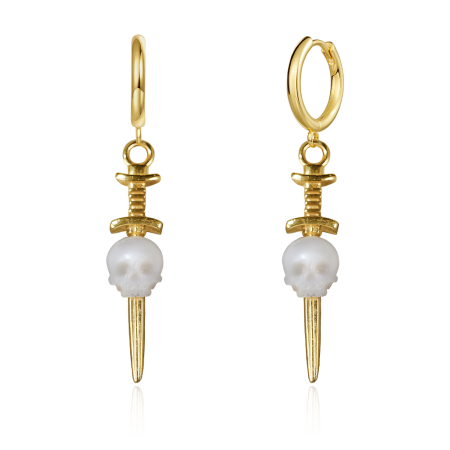 Sword Carved Skull Pearl Drop Earrings