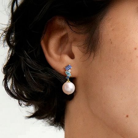 Blue Sapphire Round Pearl Drop Earrings